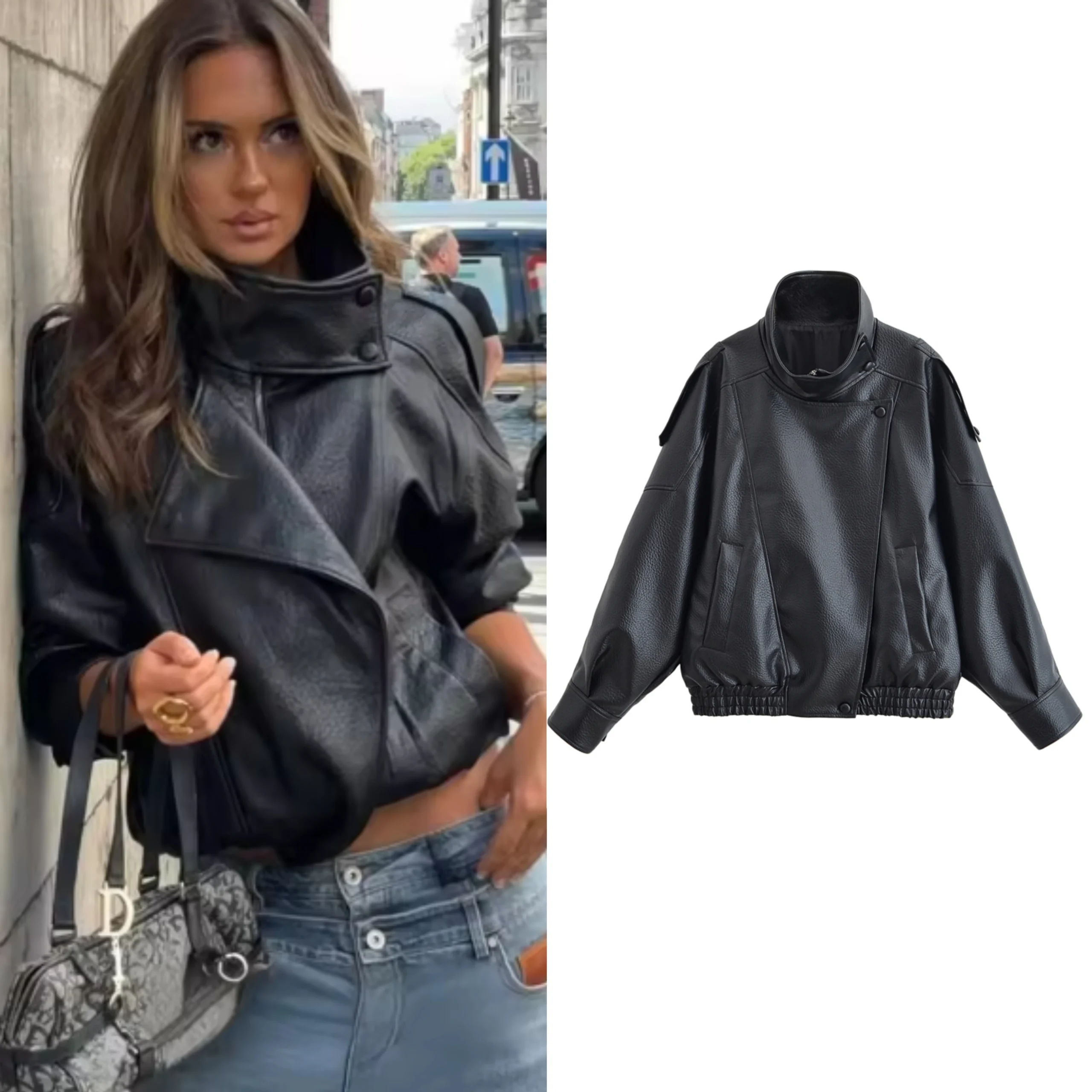 Sf6a92cd9a55b4e47ab91a74aef978357w.webp Women's Jacket Fall 2025 New Black Long Sleeve Pebble Faux Leather Jacket Motorcycle Style Personality Fashion - Image 1